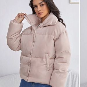 Puffer jacket button up shein medium baby pink